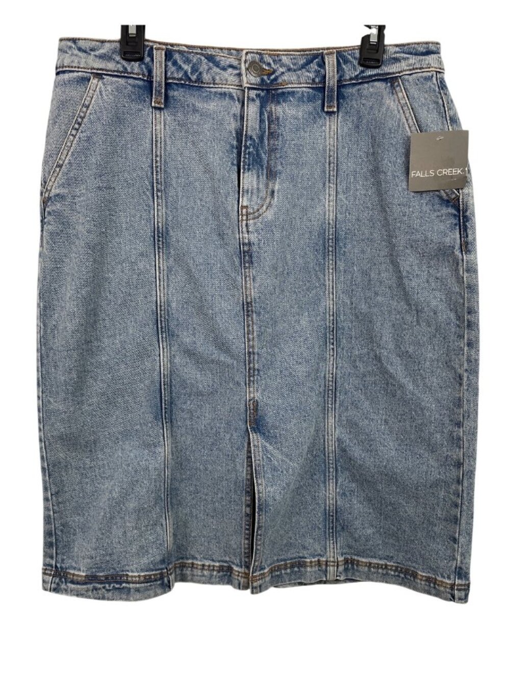 Falls Creek Womens Denim Midi Skirt Size 14 Blue Front Slit Back Pockets Casual